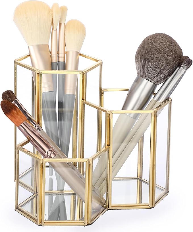 Hipiwe Glass Makeup Brush Holder 3 Slot Mirrored Gold Cosmetics Brush Organizer Eyeliners Display Case Vintage Decorative Makeup Storage Box Desktop Pen Pencil Pot, Large