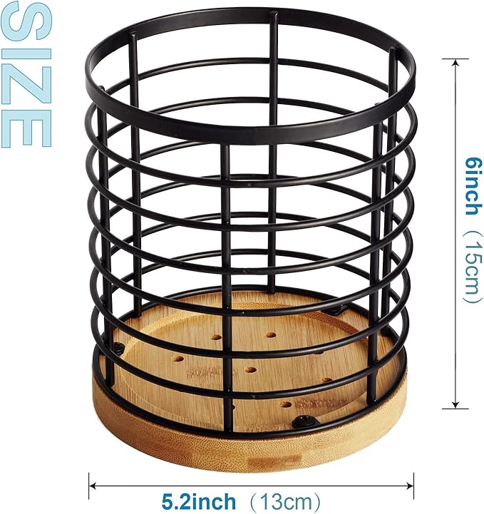 WDT Tool Utensil holder for Kitchen Counter - 5.2" x 5.2" x 6" Large Round with Wooden Base Matte Black Cooking Utensil Holder Utensil Organizer (Metal+Bamboo)