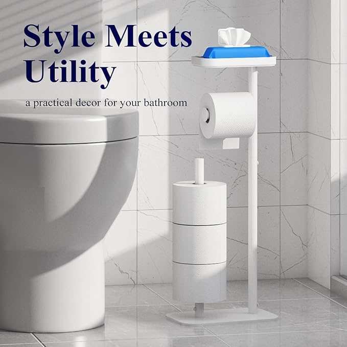 Kitsure Toilet Paper Holder Free Standing – Rustproof Metal Toilet Paper Stand for 4 Rolls with Anti-Slip Base and Shelf for Phone & Small Items, Bathroom Organizers and Storage, Medium, White