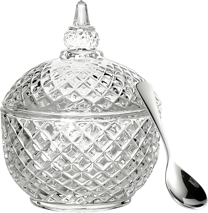 7 oz Crystal Glass Salt Cellar with Lid and Stainless Steel Spoon for Kitchen Seasoning (Ball shape)