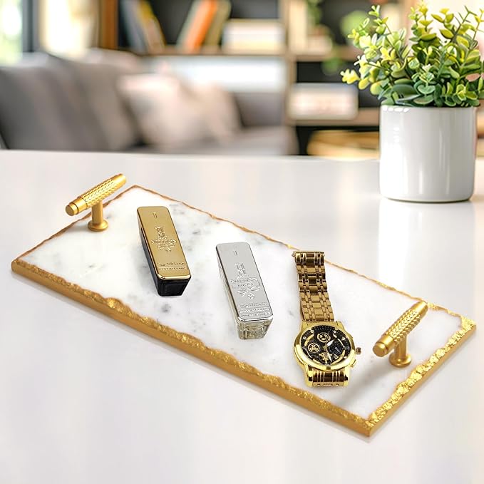 Guest Towel Holder Tray for Bathroom - Premium Marble Tray with Gold Rim - Bathroom Hand Towel Tray, The Perfect Vanity Tray for Bathroom. Ideal Valentines Day Gift.