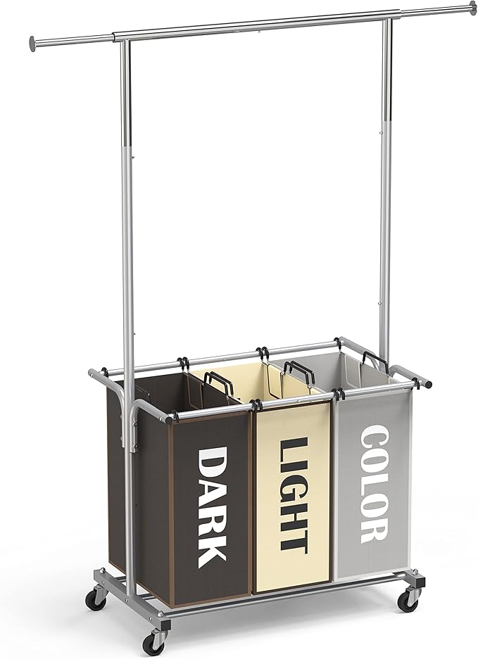 Simple Houseware 3-Bag Laundry Sorter with Extensible Clothes Hanging Rod, 3-Logoed Multi Color Bags