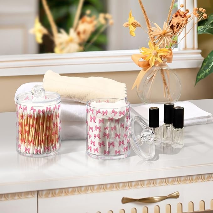 ALAZA 2pcs Cute Bow White Qtip Holder Dispenser 14 oz Bathroom Storage Clear Apothecary Jars Containers Cotton Ball,Cotton Rounds,Floss Picks, Hair Clips, Food