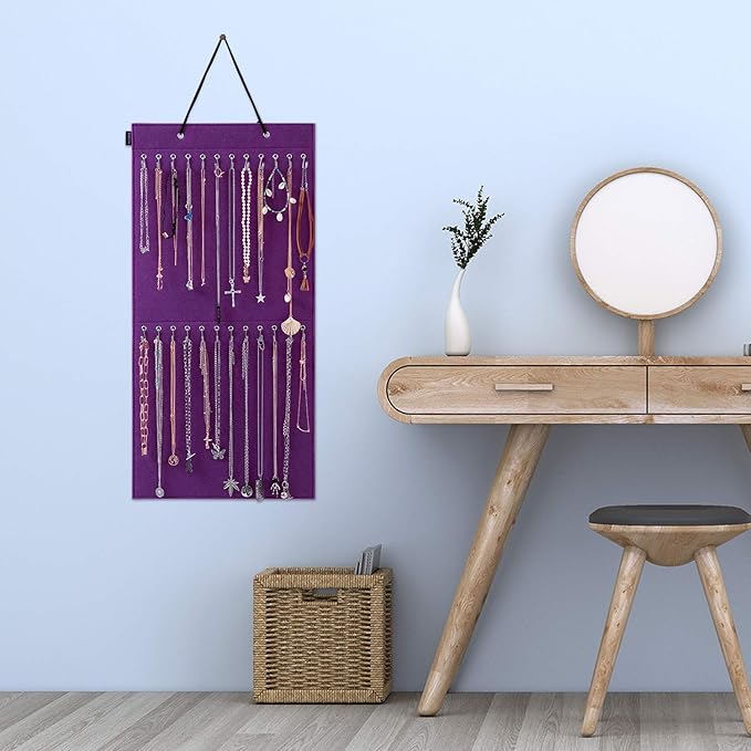 Wall Hanging Jewelry Organizer Storage with 24 Hook Wall Mounted Jewelry Display Hanging on Door Closet Necklace Holder for Bracelet Ring Chain-Patent Design(Purple)