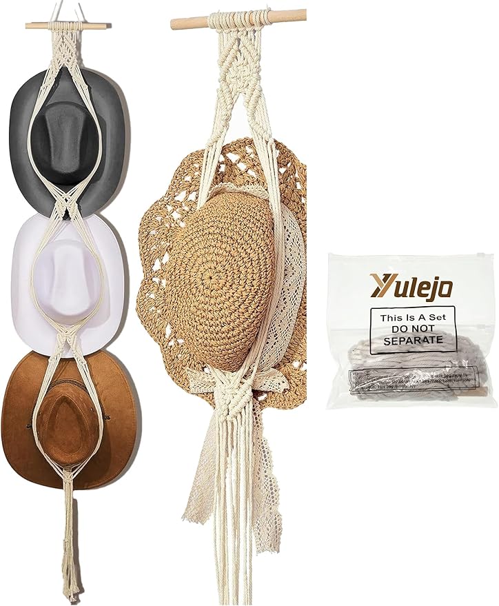 Yulejo Macrame Hat Hangers Racks Boho Cowboy Hats Holders Western Display Organizer Storage decor Back of Door for Wall (White,Three Hats Style)