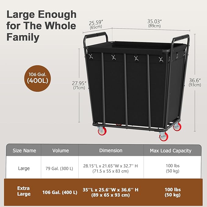 Hoctieon Large Laundry Cart with Wheels, 400L Heavy Duty Laundry Basket Organizer, Rolling Hamper Sorter for Clothes Storage, Industrial Dirty Clothes Hamper for Home & Hotel, Black