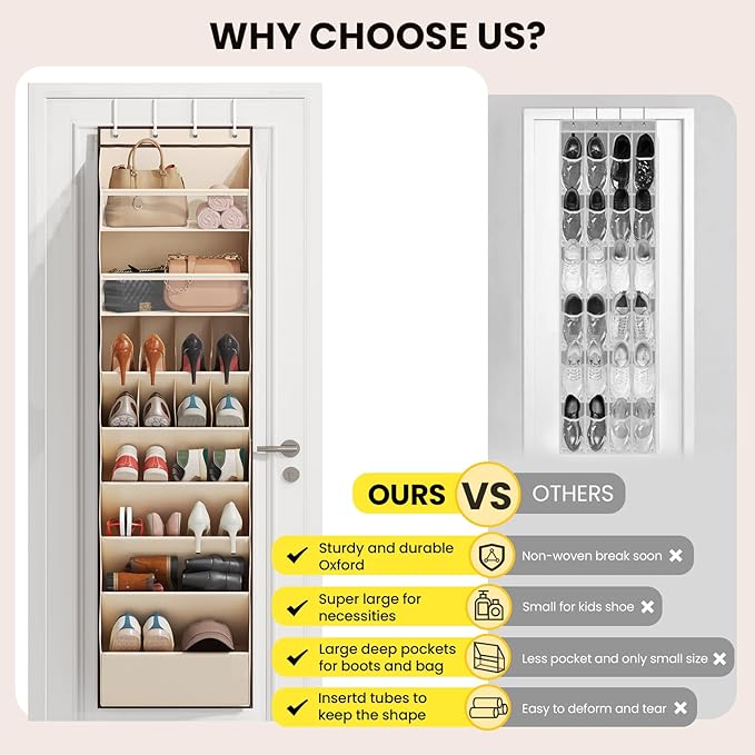 Mefirt 16-20 Pairs Over the Door Shoe Organizer, Clear Pockets Shoe Rack for Closet Door, Hanging Shoe Rack for Boots, Behind the Door Shoe Holder Fit All the Family's Sneakers, Boots, Heels, Beige
