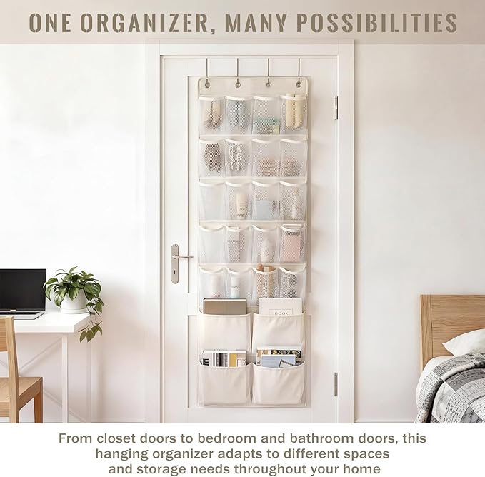 SATINIOR 19 x 51 Inch Canvas over The Door Closet Organizer with 20 Mesh Pockets 4 Large Pockets Multifunctional Closet Hanging Storage Organizer with Hooks for Pantry Laundry Bathroom Nursery