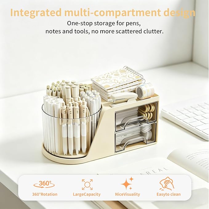 360 Rotating Makeup Organizer with 2 Drawers, Spinning Cosmetic Brush Holder & Pen Cup, Multi-Purpose Desktop Storage for Bathroom Vanity, Art Supplies, Skincare, Office Desk