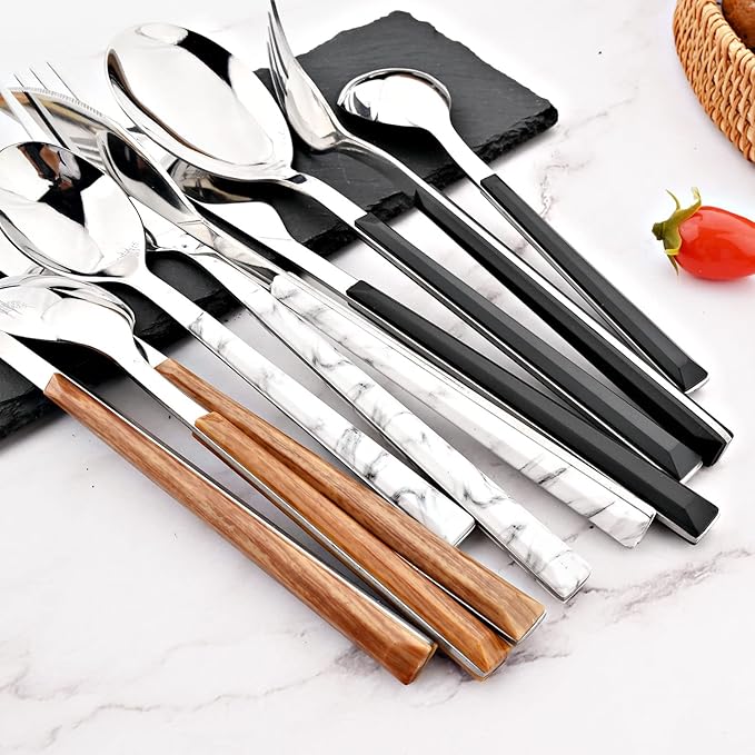 24Pcs Black Handle Silver Flatware Silverware Set, Stainless Steel Cutlery Set for 6, Square Handle Eating Utensils, Mirror Polished for Home Kitchen Bar Restaurant