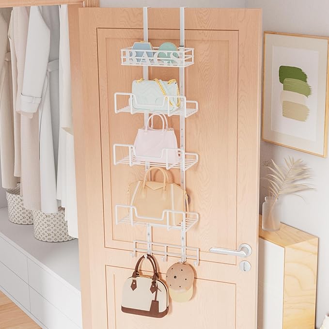 HapiRm Over Door Purse Organizer - Adjustable Purse Storage Rack with Bags Design Metal Basket, Wall Mounted Handbag Organizer, Hanging Handbag Holder, Can Use As 1/2 Part Detachable, White