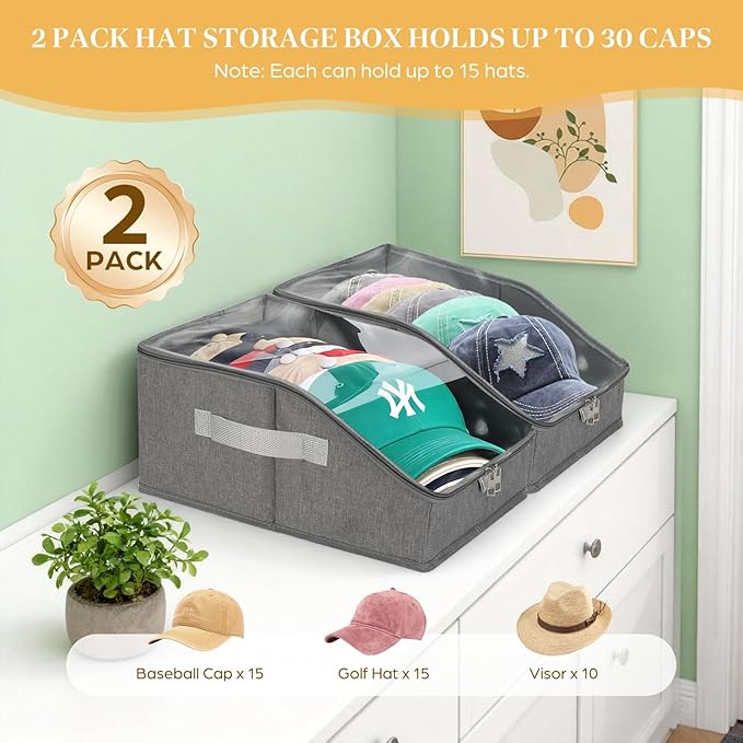 2 PCS Stackable Hat Organizer for Baseball Caps, Hat Storage Holder Holds up to 24 Caps for Closet/Shelf, Hat Box Holder with Clear Window Lid And Sturdy Cardboard, for Closet Bedroom Shelf (Grey)