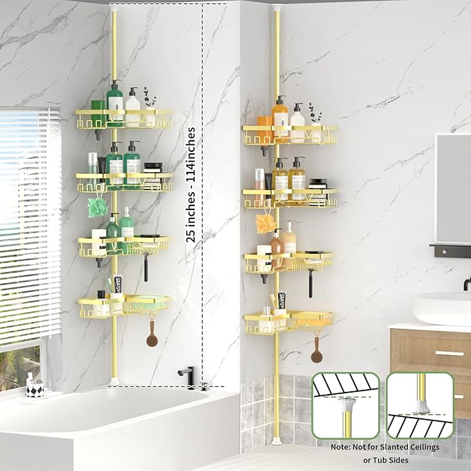 DAOYA Shower Caddy Tension Pole with 2 Soap Holders, Adjustable Corner Shower Caddy, Gold Finish, Expandable 25-114.2 Inches for Bathtub Corner, Bathroom Storage Organizer