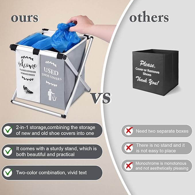 Shoe Cover Dispenser Foldable Shoe Covers Box Realtor Supplies,Holder with Used Shoe Covers and Please Remove Your Shoes Sign for Open House Supplies(Gray,Beige)