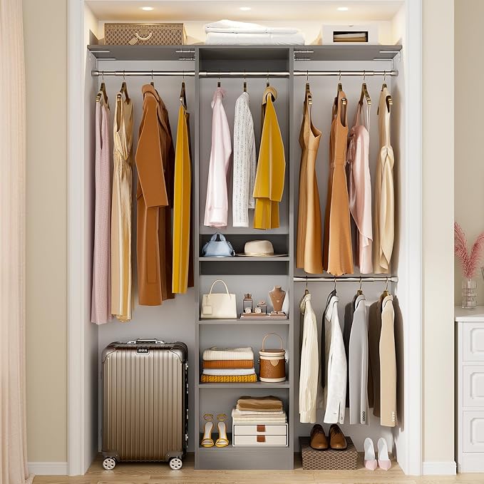 Besiost 48" Closet Organizer System, 4FT Closet System for Small Closets with 4 Hanging Rods & 3 Shelves, 80"H Small Closet Organizers and Storage for Bedrooms, Cloakrooms, Gray