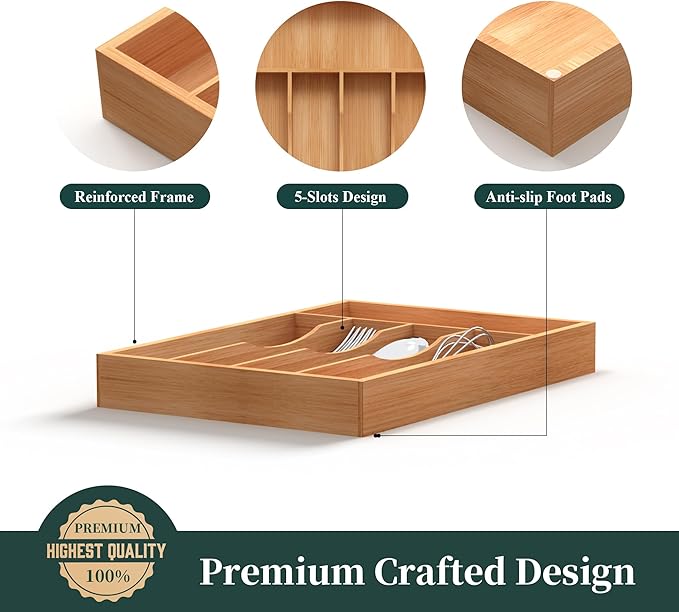 Bamboo Silverware Organizer, Kitchen Drawer Organizer, Utensil Holder, Cutlery Tray & Spoon Flatware Storage with Grooved Drawer Dividers (9.5''W x 13.5''D)