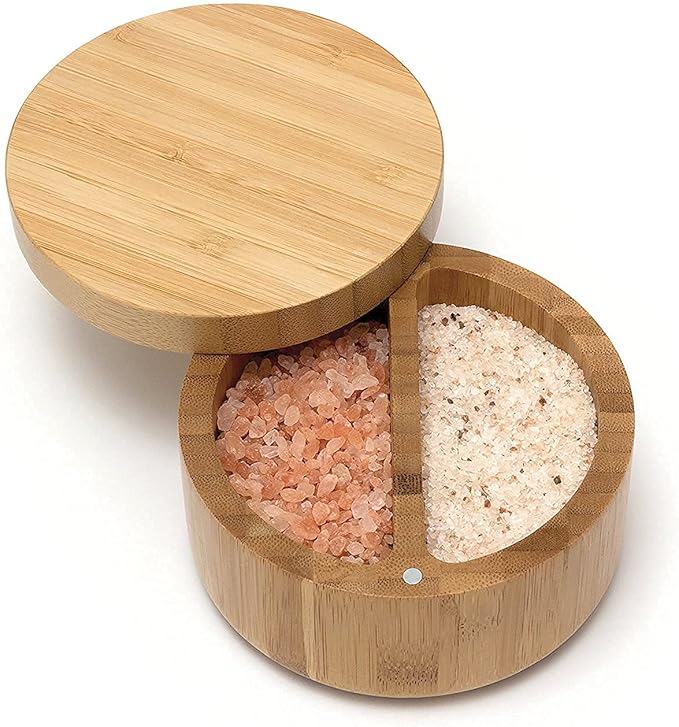 Bamboo Salt Box,Salt Cellar with Removable Magnetic Swivel Lid Round Salt, Pepper or spice Storage Box Cellar (Bamboo) (ZewellS09)