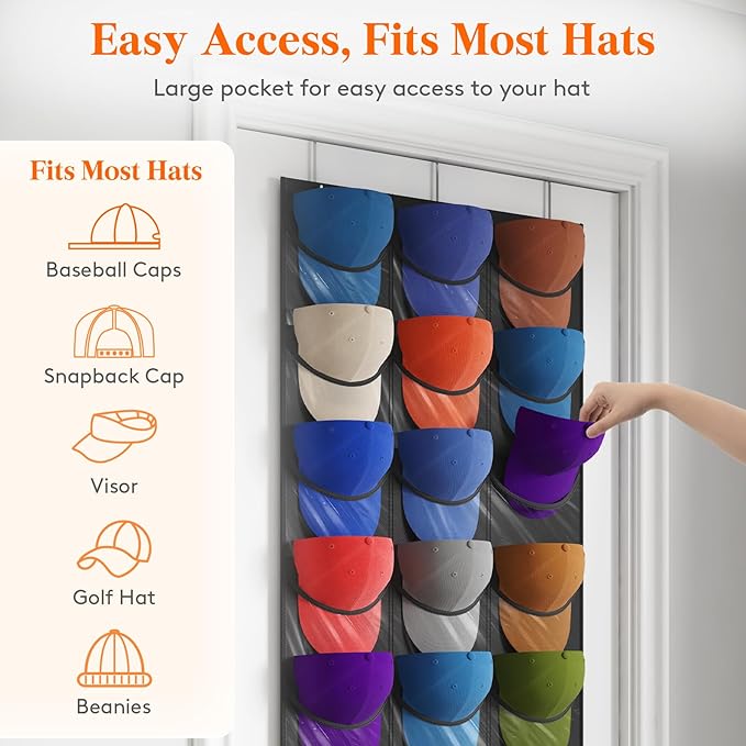 Lifewit Over The Door Hat Organizer for Baseball Caps, 27 Clear Deep Pockets Hat Rack Stand with 3 Hooks, Hanging Hat Storage, Cap Holder Hat Hanger for Protection and Display, 2 Pack