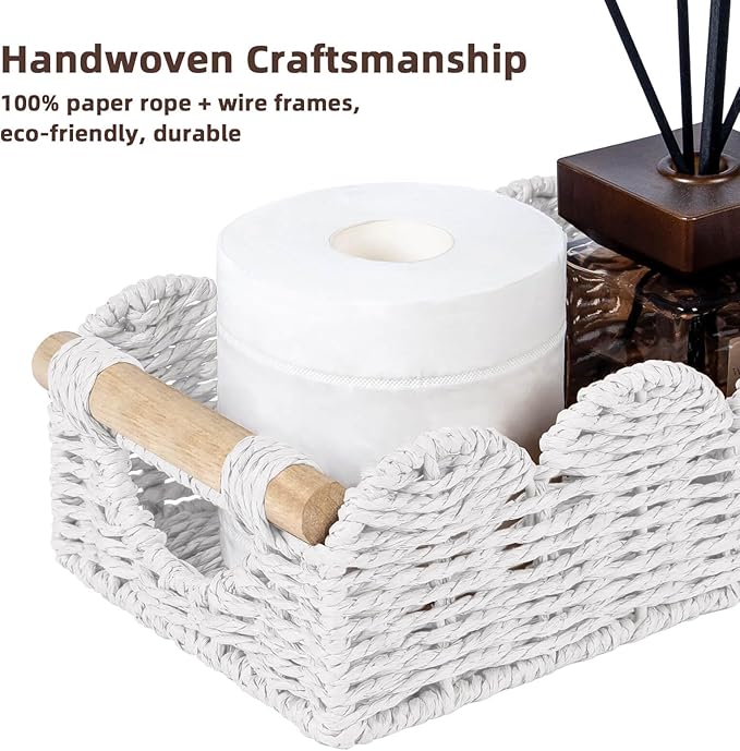CubesLand Bathroom Basket Organizer w/Cut Out Handle, Back of Toilet Paper Storage Baskets for Bathroom Countertop Decorative, Small Scalloped Wicker Basket Also for Home Decor, Living Room, White