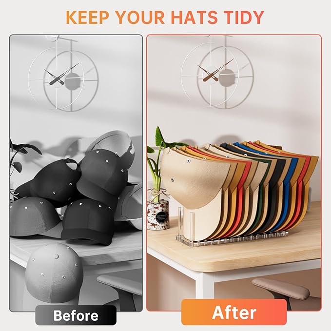 Hat Organizer for Baseball Caps, Acrylic Hat Rack for 12 Baseball Caps, Hat Holder Display and Organizer for Closet, Tabletop, Dressing Table (Transparent)