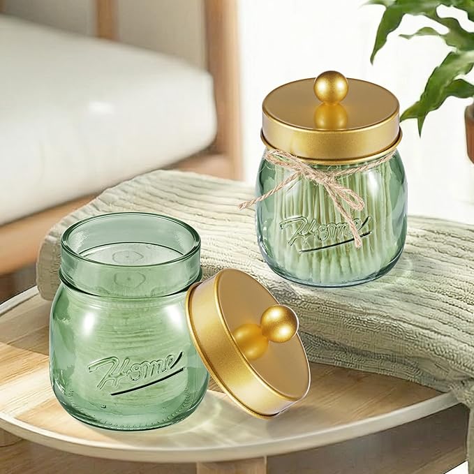 SheeChung Green Glass Qtip Holder Dispenser, Mason Jar Apothecary Jars with Lids, Bathroom Organizers and Storage, Vanity Countertop Canisters Set for Cotton Swab, Ball, Pad, Floss Pick-Gold, 3 Pack