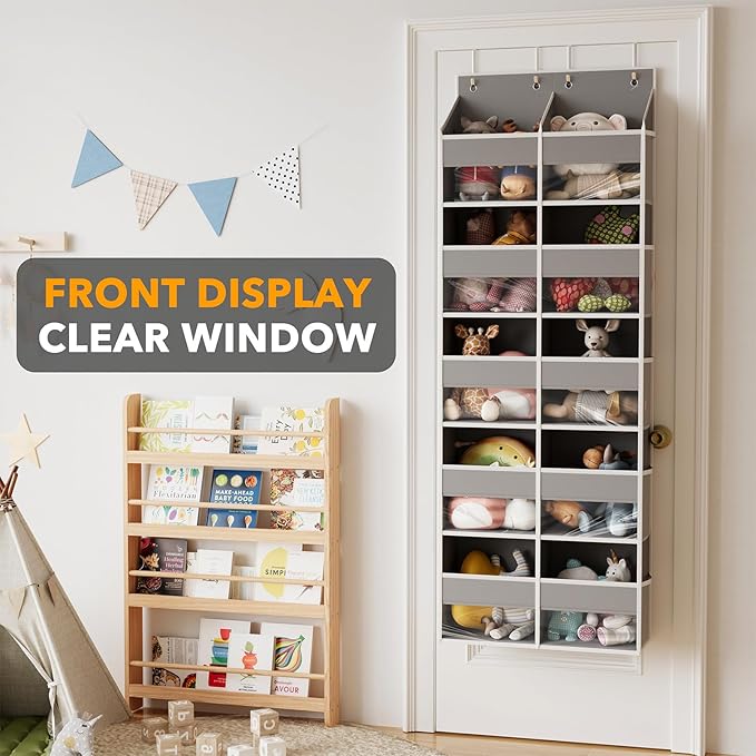 SpaceAid Extra Large Over The Door Organizer with 10 Large Pockets and 10 Mesh Side Pockets, 5 Layers Door Organizer Hanging with Clear Window for Bedroom, Bathroom, Pantry and Nursery, Gray