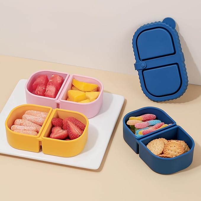 3 Pack Silicone Reusable Snack Containers with Lids - 8 oz Double Compartment Snackle Box for Kids & Adults, BPA-Free & Leakproof, Small for Dressing, Snacks, School, Office, Picnic