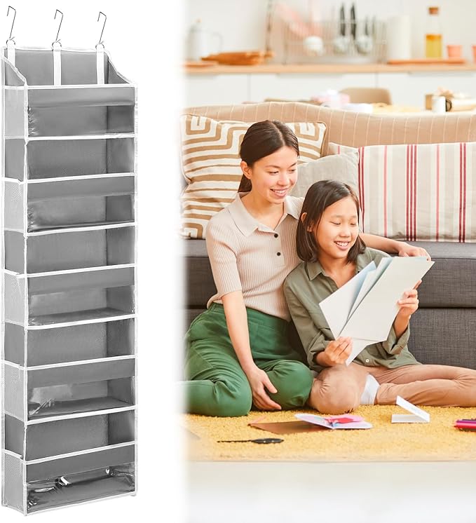 QWORK Over Door Organizer with 5 Large Pockets, 10 Mesh Side Pockets, Door Hanging Organizer for Diapers, Towels, 44lbs Weight Capacity, Grey
