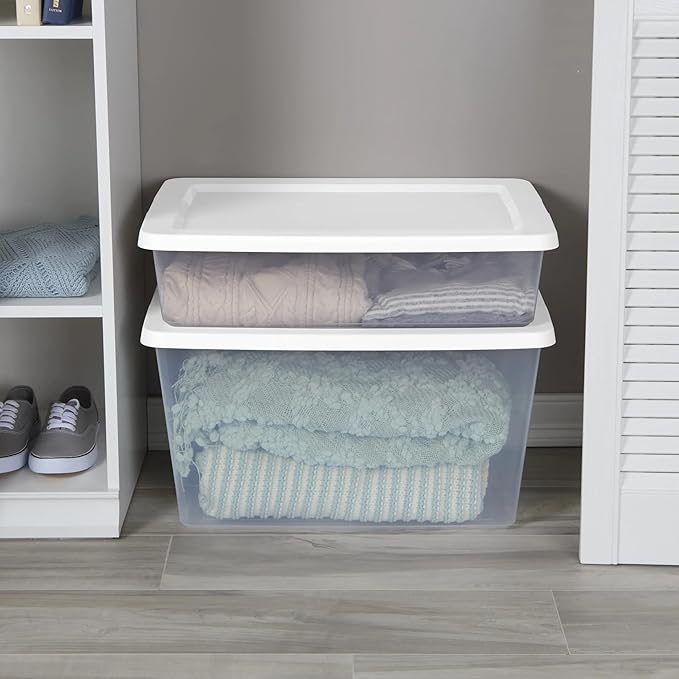 58 Quart Clear Storage Bin with Snap-on White Lid, Storage Container, 2 Pack
