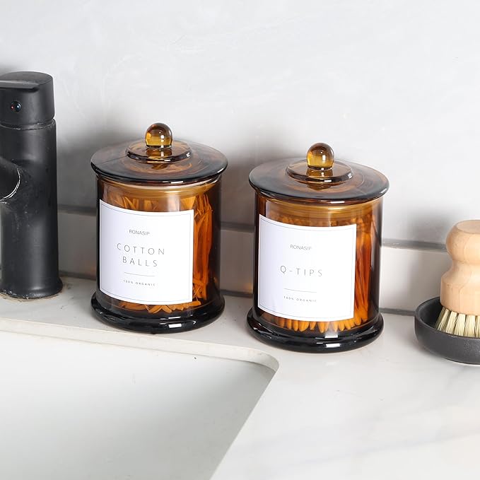 Ronasip Qtip Holder & Cotton Pad Dispenser, Bathroom Organizer and Storage Canisters, 16oz Glass Apothecary Jars for Kitchen, Restroom - Home Decor Accessories, Room Decor Aesthetic (2 Pack, Amber)