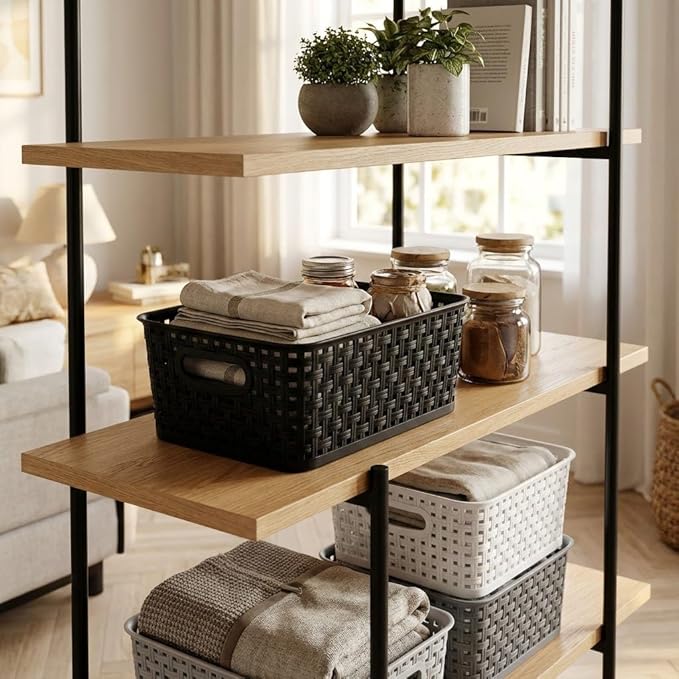 6 Pack Plastic Small Woven Storage Baskets, Black/White/Grey Assorted Organizer Shelf Weave Baskets for Home Organization, Pantry, Closet, Bathroom, Kitchen (10x7.5x4 in)