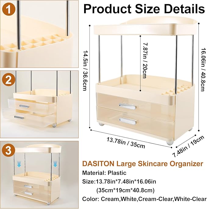 DASITON 4 Tiers Makeup Organizer, 2 Drawers Large Cosmetic Organizers for Vanity Bathroom Countertop, Bathroom Organizers and Storage for Skincare, Cosmetic, Perfume, Dresser Organizer (Cream+Clear)