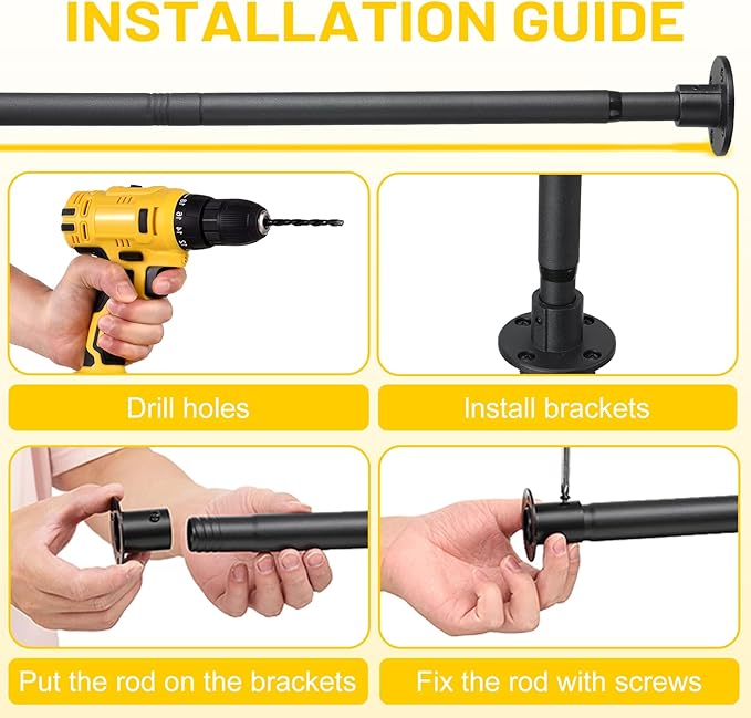 Closet Rod, 30 to 49 inch Adjustable Closet Rods for Hanging Clothes, Heavy Duty Closet Hanging Rod, Black Closet Hanger Poles, Metal Closet Hanging Bar for Wardrobes Laundry, Drilling Installation