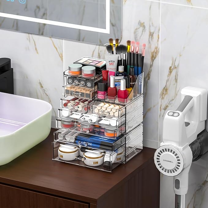 Acrylic Clear Make up Organizers And Storage for Vanity,Bathroom Skincare Organizer With 8 Drawer for Dresser,Plastic Desk Accessories Organization,Cosmetic Organizer Countertop for Beauty,Skin Care