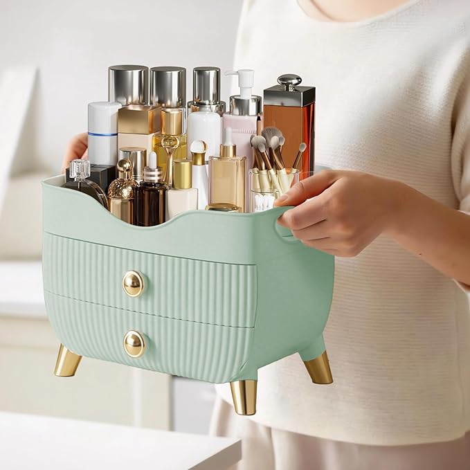 Makeup Organizer for Vanity, Large Capacity Skincare Cosmetic Organizer Countertop with 2 Drawers, Cosmetic Display Cases Makeup Storage Box for Bedroom, Bathroom, Ideal Gifts for Women(Green)