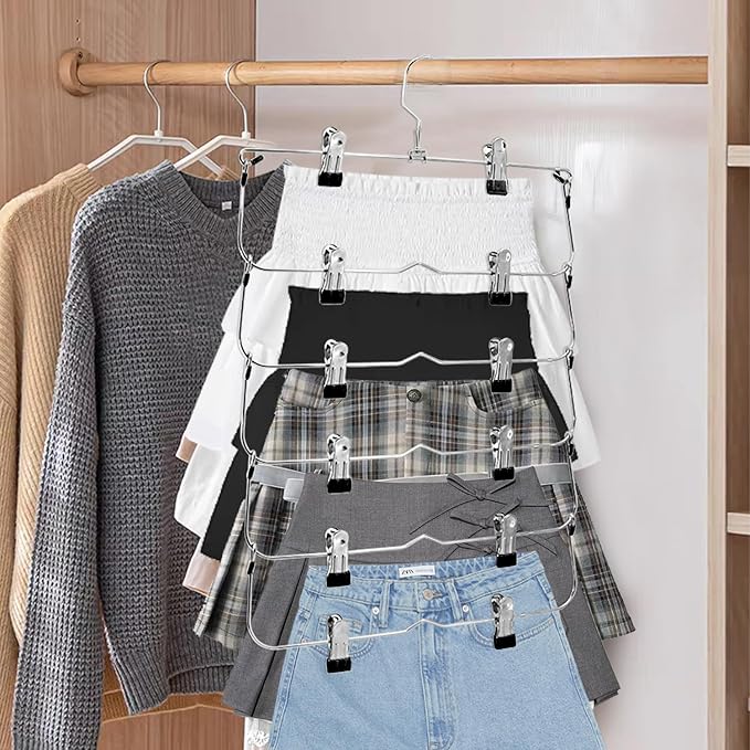 Skirt Pants Hangers with Clips,6Tier Skirt Hangers Space Saving,Metal Multi Pants Hangers and Storage Multi Clothes Shorts Hanger Organization,Space Saving Hangers with Clips (Black, 2-Piece Set)