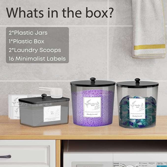 COAZEX 3 Pack Laundry Powder Container & Dryer Sheet Holder, Plastic Laundry Room Organization and Storage Jars with Lids, Labels & Scoops for Powder, Detergent, Scent Booster (Black)