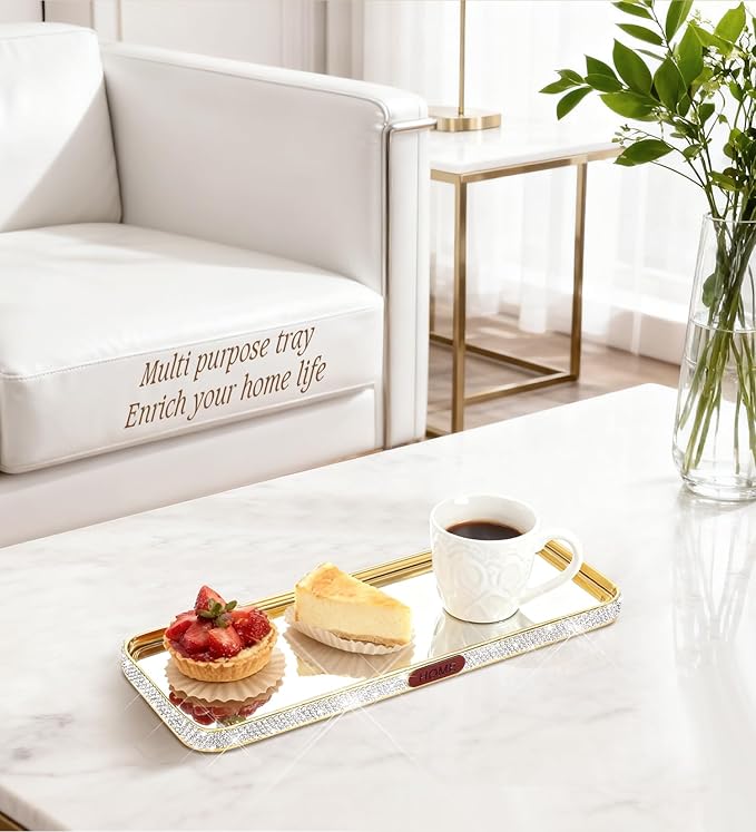 Bathroom Gold Tray Jewelry Perfume Makeup Organizer Decorative Tray for Vanity, Dresser, Bathroom, Bedroom Entrance Hall, Living Room(11.8IN White)