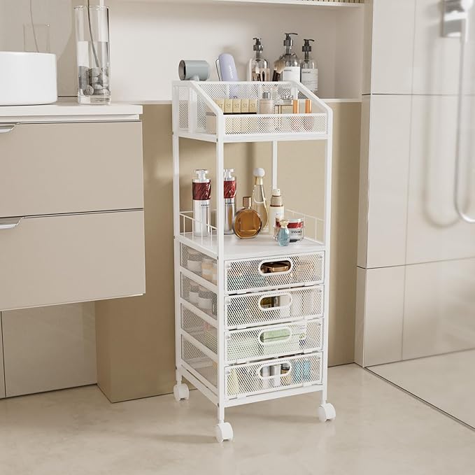 HapiRm Makeup Organizer Storage Cart - Floor Skincare Make Up Storage with 4 Drawers, Rolling Makeup Cart Vanity Organizer Cosmetics Display Cases Holder for Skin Care Perfume Nail Polish