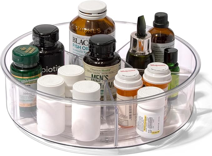 BINO Plastic Round Turntable Organizer with 6 Compartments - Clear | Spinning Divided Turntable Container | Rotating Organizer Storage for Bottle Condiments Fridge Kitchen Counter Pantry Bathroom