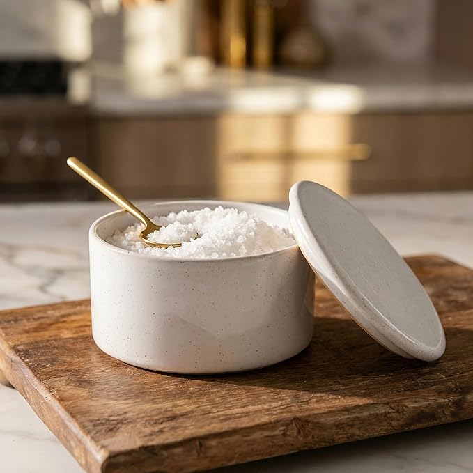 KIBAGA Beautiful Ceramic Salt Cellar with Lid - Spacious Container for Your Kitchen Countertop Keeps Salt Flakes Dry & Fresh - A Decorative Box/Holder For Any Kitchen