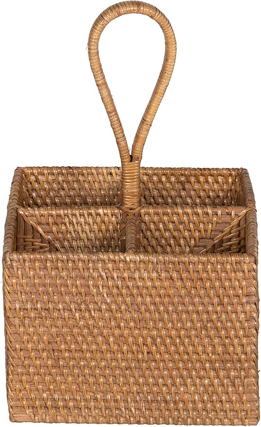 KOUBOO Laguna Rattan Bottle Caddy Storage Box for Kitchen with 4 Compartments, Home Organizer | Wicker Basket, Crate for Display, Bathroom, Farmhouse Decor, Vintage Style, Honey Brown