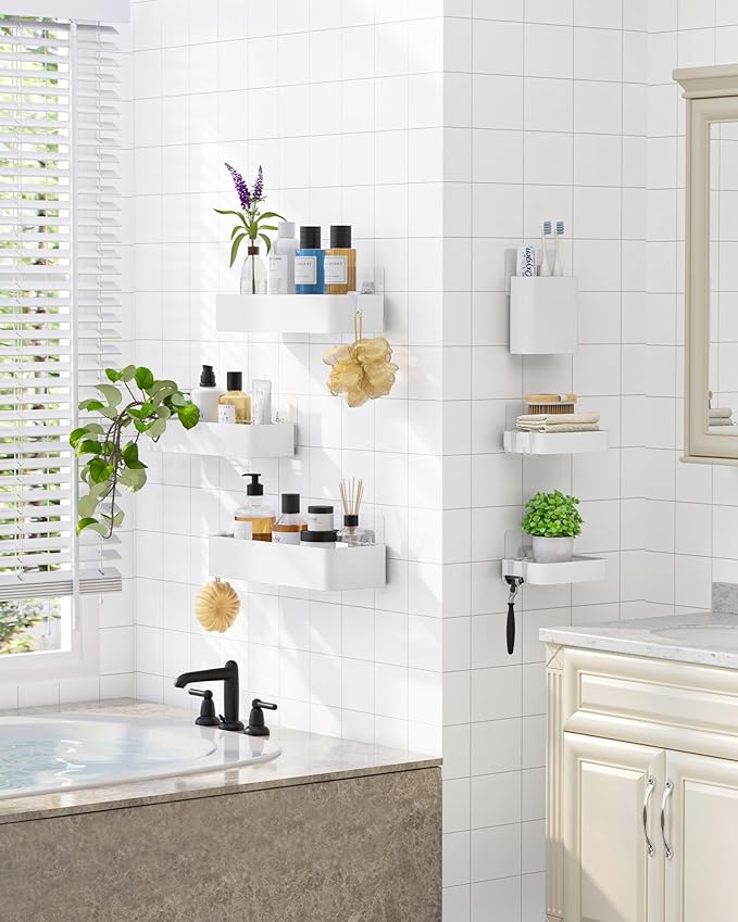 Kitsure Shower Caddy Adhesive - 6-Pack, No-Drilling Shower Shelves with Soap Holder, Toothbrush Holde, 6 Hooks, Rustproof & Stylish Bathroom Organizers and Storage Solution, White, Large