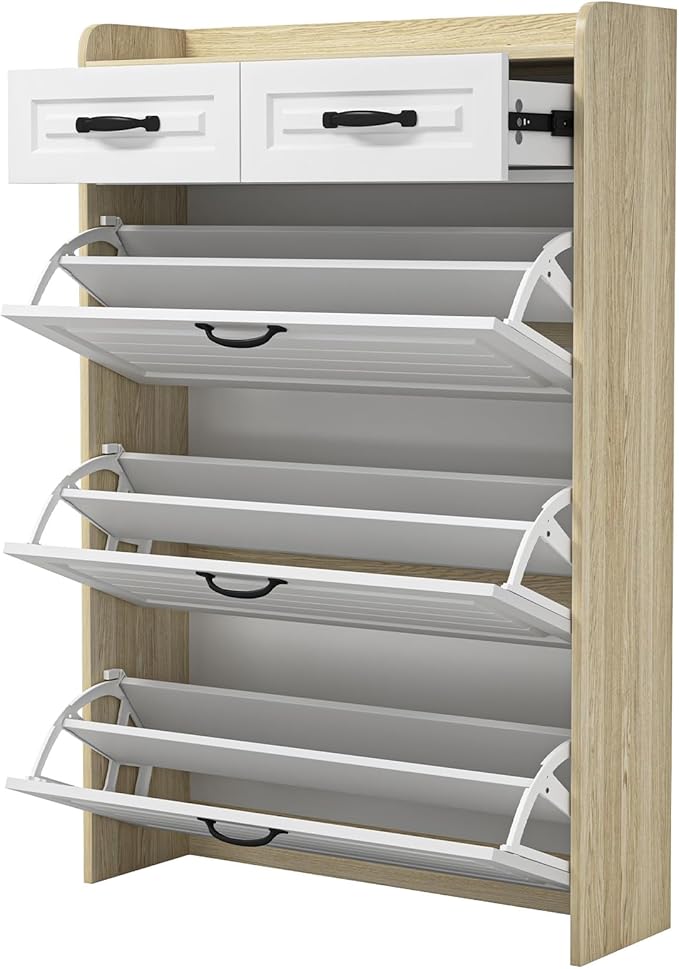 Vibe & Dine Shoe Storage Cabinet with 3 Flip Drawers & 2 Horizontal Drawers, Large Shoe Organizer Cabinet Fits for Kinds of Shoes, Narrow Slim Shoe Rack Cabinet for Entryway, Hallway, Oak