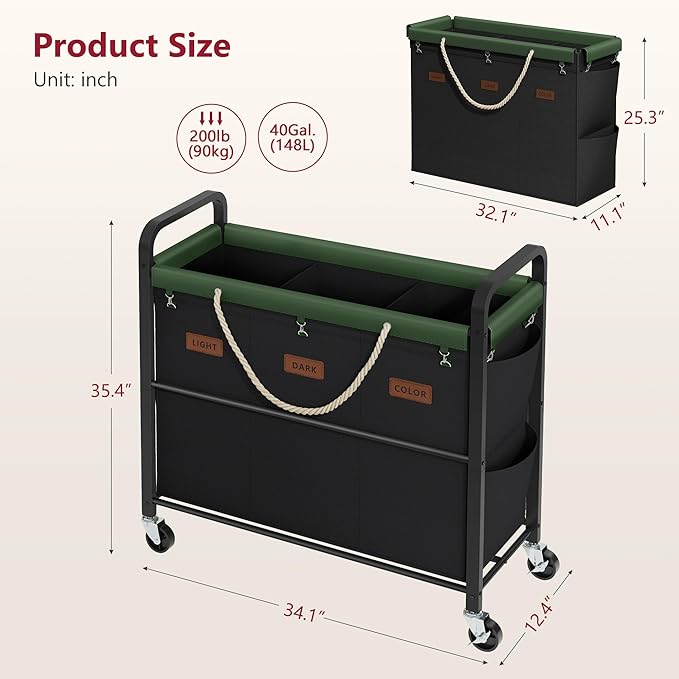 Tajsoon 148L Large Laundry Sorter 3 Section, Laundry Hamper with Heavy Duty Lockable Wheels, Rolling Laundry Basket with Super Sturdy Metal Frame and Handle, Removable Bags & Leather Patchwork, Black