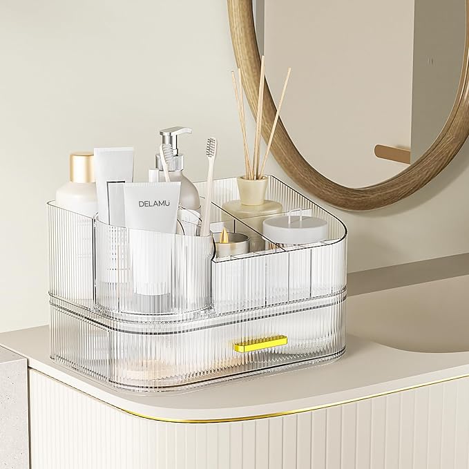 Delamu Makeup Organizer for Vanity with Stackable Drawers, 360 Rotating Makeup Brush Holder Large Cosmetic Display Case, Bathroom Skincare Storage, Crystal Clear, Ideal Gifts for Women