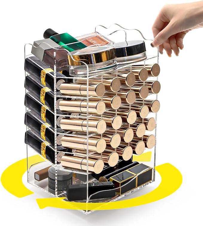 Tlence 54 Slots Acrylic Rotating Lipstick Organizer, 7 Tier Spinning Lipgloss Tower Holder, Clear Cosmetic Display Case, Rotable Lip Stick Display Rack Stand for Lip Gloss, Makeup Accessory, Lip Balm