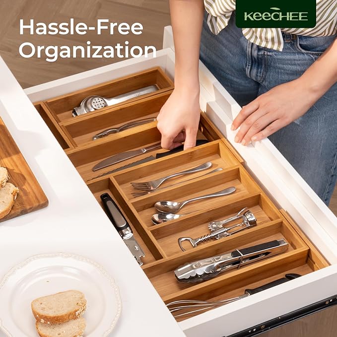keechee 6-Piece Bamboo Drawer Organizer Set, 2.2" Deep Multi-Use Organizers for Utensils, Silverware, Cutlery, Desk, Bathroom, Junk Drawer & Makeup, Non-Slip Feet Included.