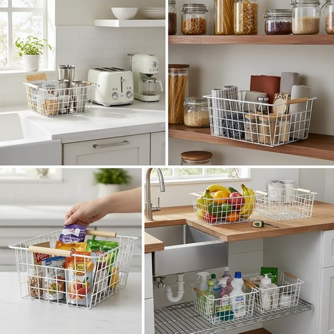Metal Wire Food Storage Basket Organizer with Wooden Handles for Organizing Kitchen Cabinets 6 Pack White (3 Szie)