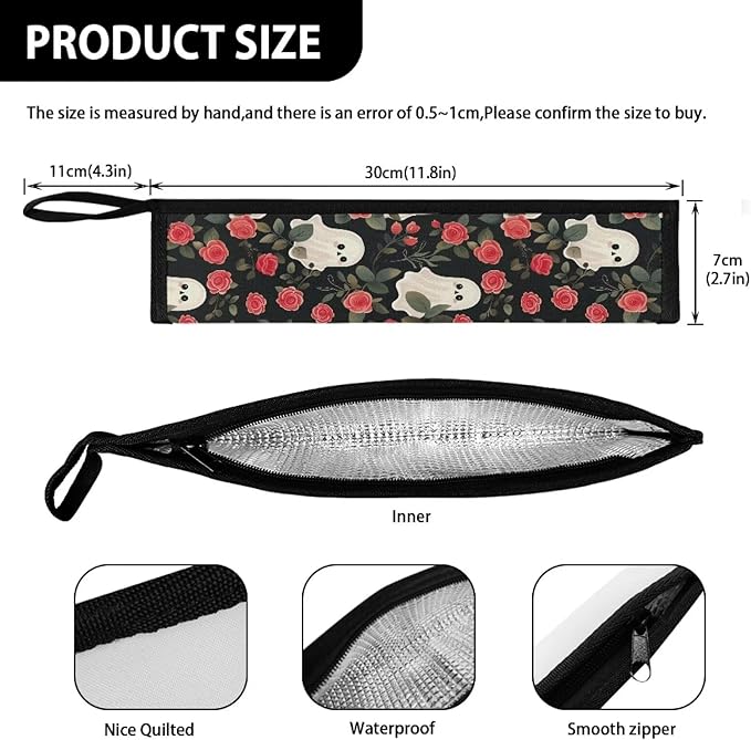 COEQINE Vintage Rose Ghost Portable Utensils Case Cute Pink Flower Fashion Silver Storage Case Tableware Case With Handles,Machine Washable Fit 11.8 x 2.7